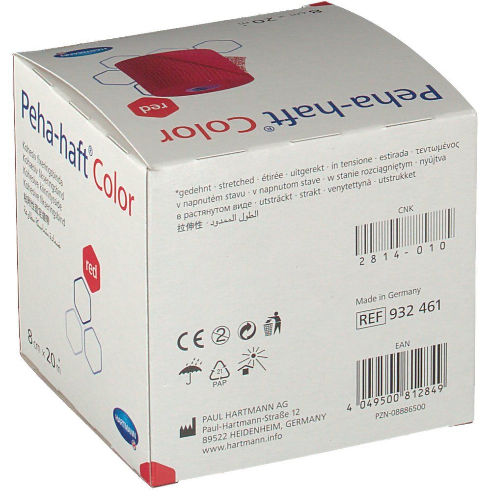 Dos de l'emballage de Peha-haft® Color, rouge, 8 cm x 20 m. Inscriptions : nom du produit, taille, informations du fabricant, code-barres et certifications.