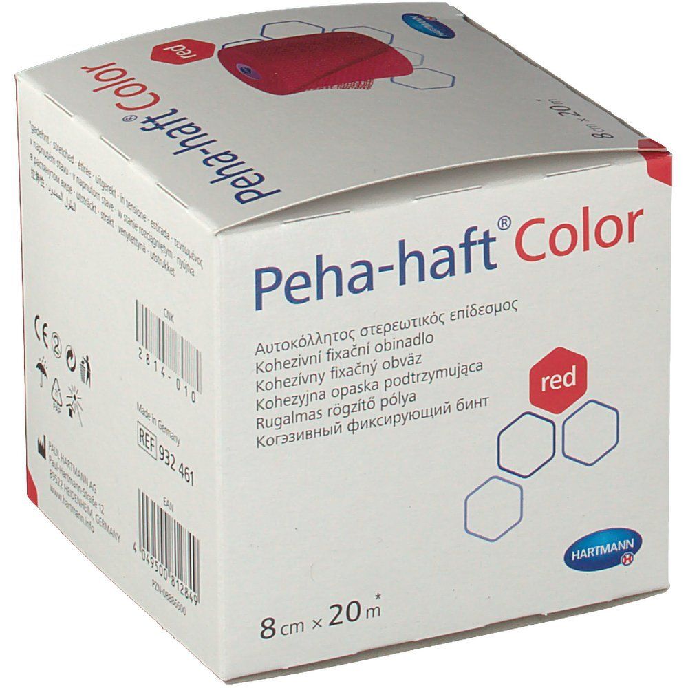 Emballage de Peha-haft® Color, rouge, 8 cm x 20 m. Inscriptions : nom du produit, taille, couleur, logo du fabricant et image du produit.