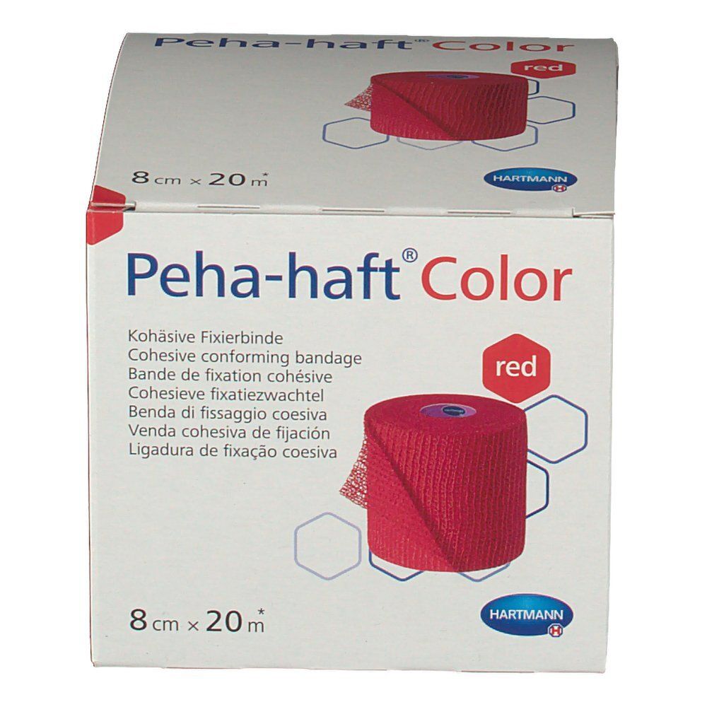 Emballage de Peha-haft® Color, rouge, 8 cm x 20 m. Inscriptions : nom du produit, taille, couleur, logo du fabricant et image du produit.