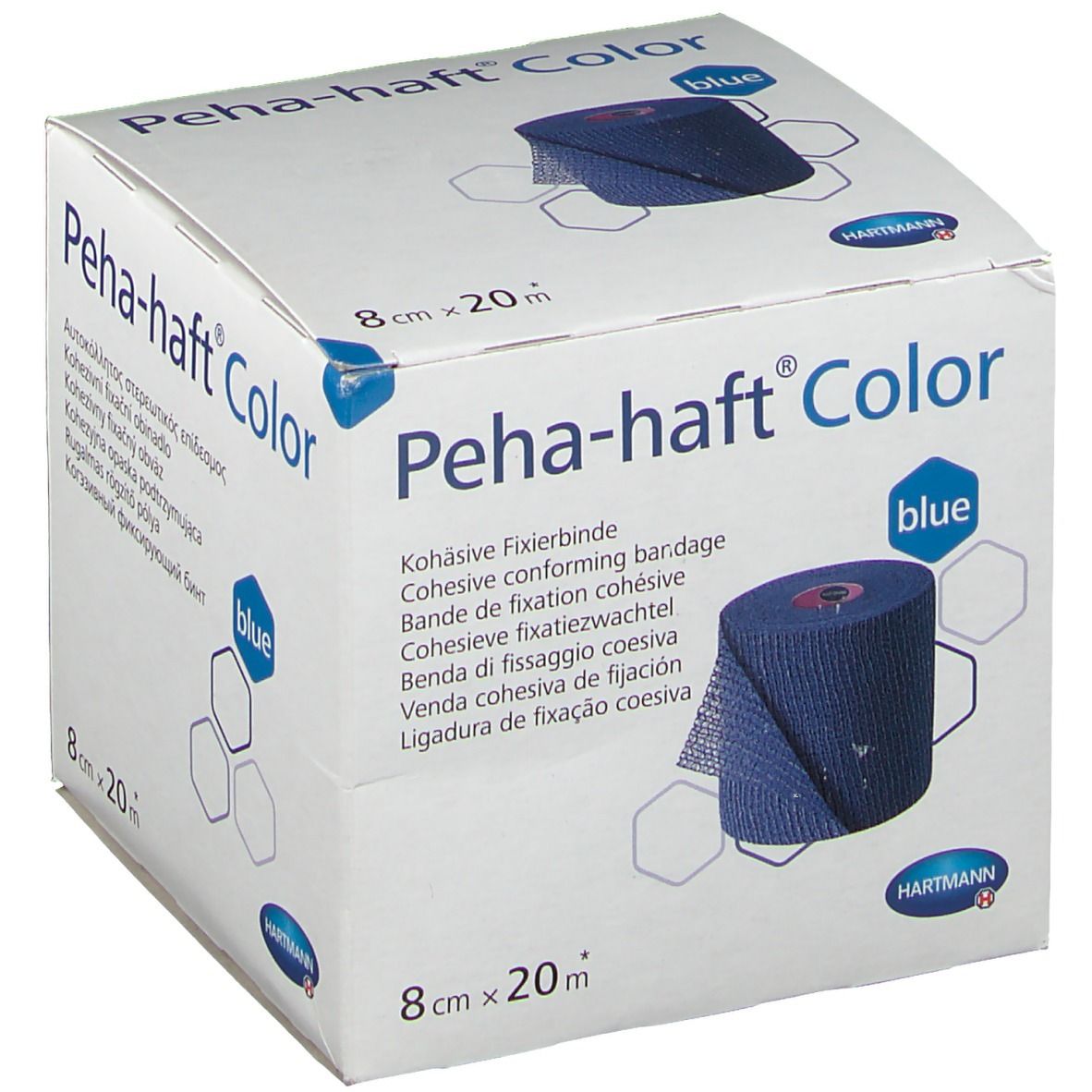 Emballage de bandage Peha-haft® Color bleu, 8 cm x 20 m. Marque Hartmann. Inscriptions : nom, taille, couleur.