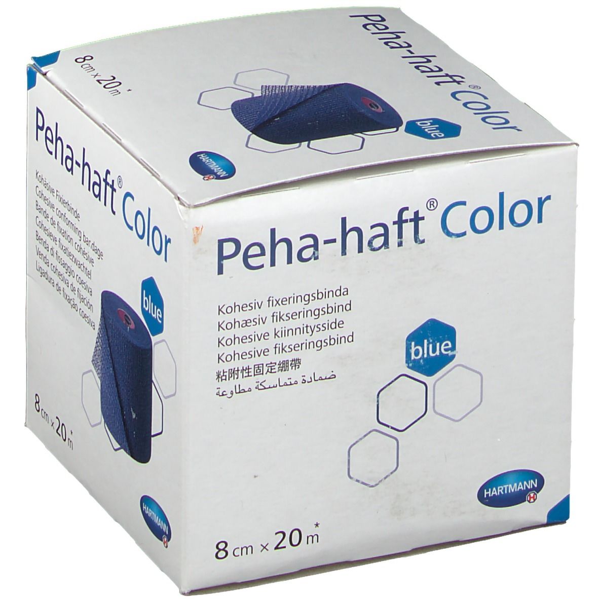 Emballage de Peha-haft® Color bleu, 8 cm x 20 m. Marque Hartmann. Inscriptions : nom, taille, couleur, texte multilingue.