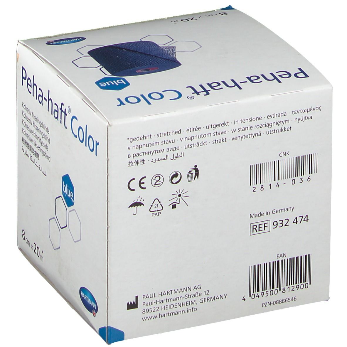 Emballage de Peha-haft® Color bleu, 8 cm x 20 m. Marque Hartmann. Inscriptions : nom, taille, couleur, marquage CE, code-barres.
