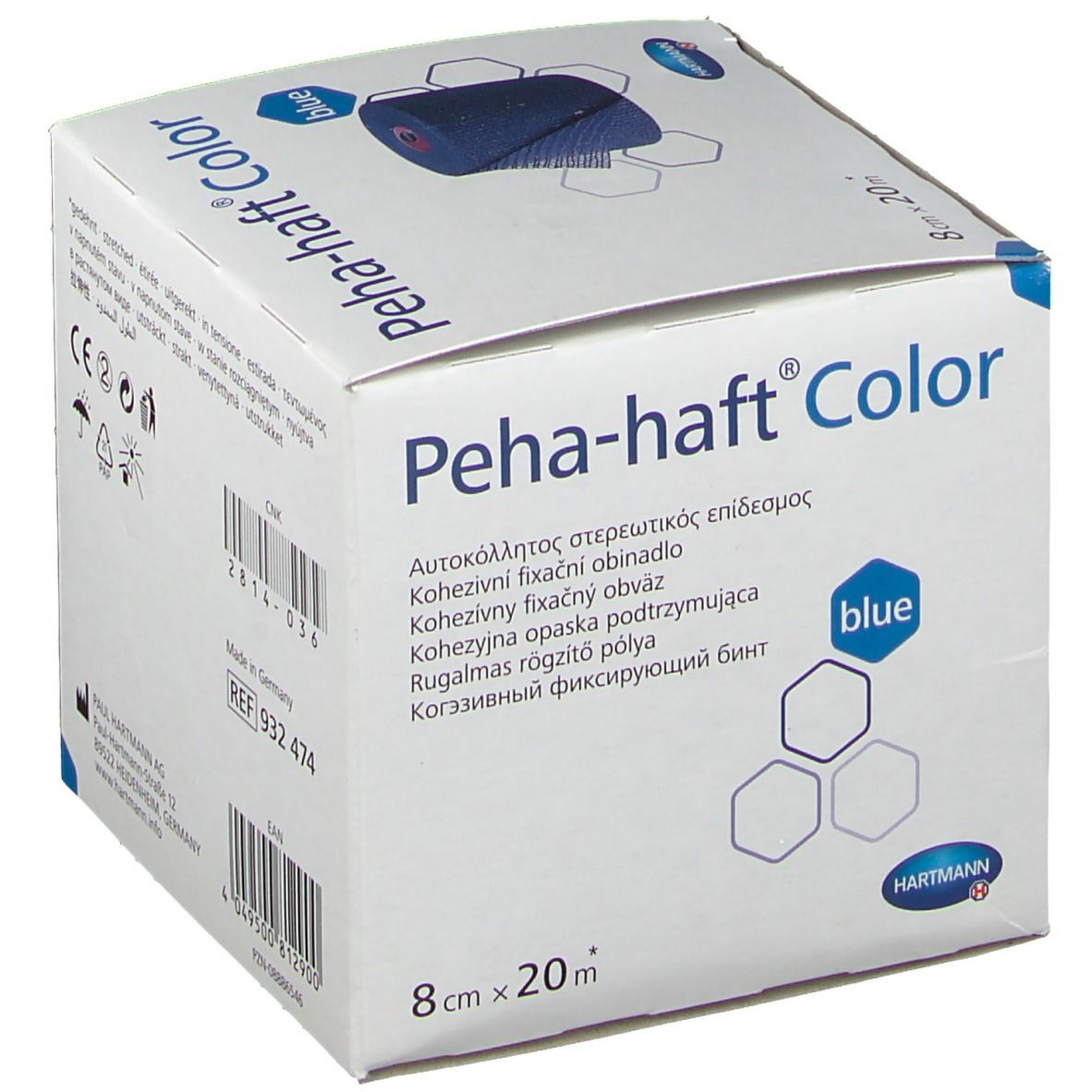 Emballage de Peha-haft® Color bleu, 8 cm x 20 m. Marque Hartmann. Inscriptions : nom, taille, couleur, texte multilingue.