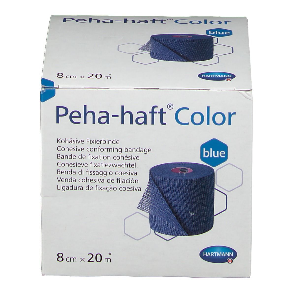 Emballage de Peha-haft® Color bleu, 8 cm x 20 m. Marque Hartmann. Inscriptions : nom, taille, couleur, texte multilingue.