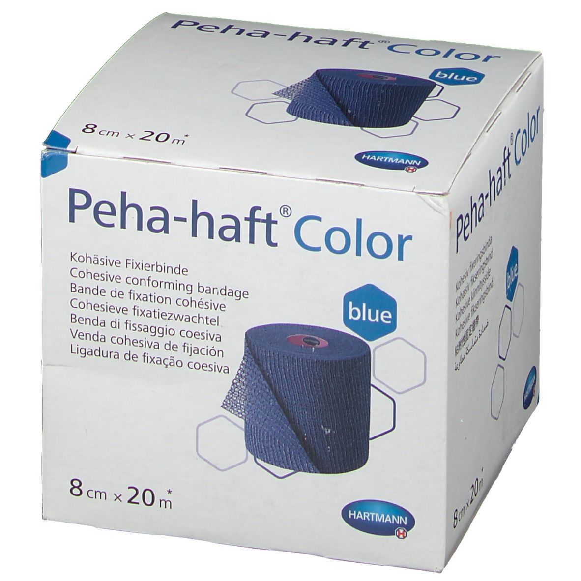Emballage de Peha-haft® Color bleu, 8 cm x 20 m. Marque Hartmann. Inscriptions : nom, taille, couleur, texte multilingue.