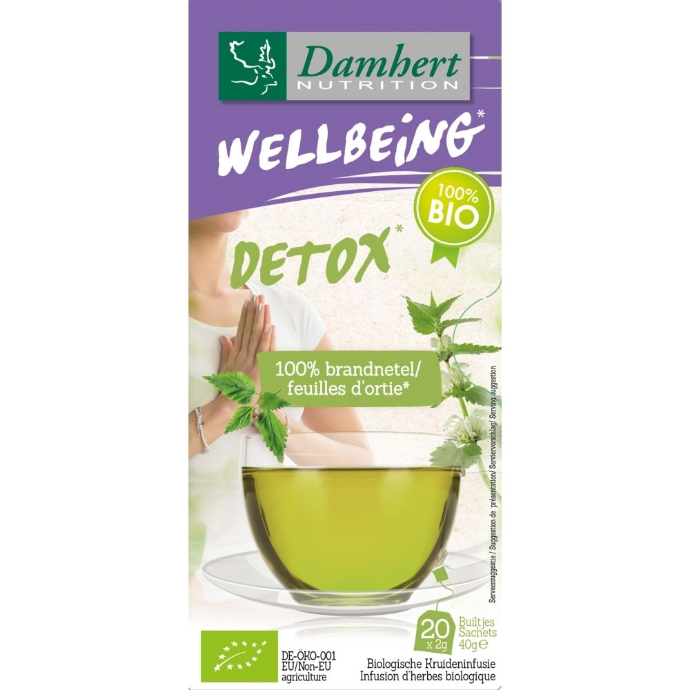 Emballage Damhert Wellbeing Detox tisane, 20 sachets, 100% ortie bio.