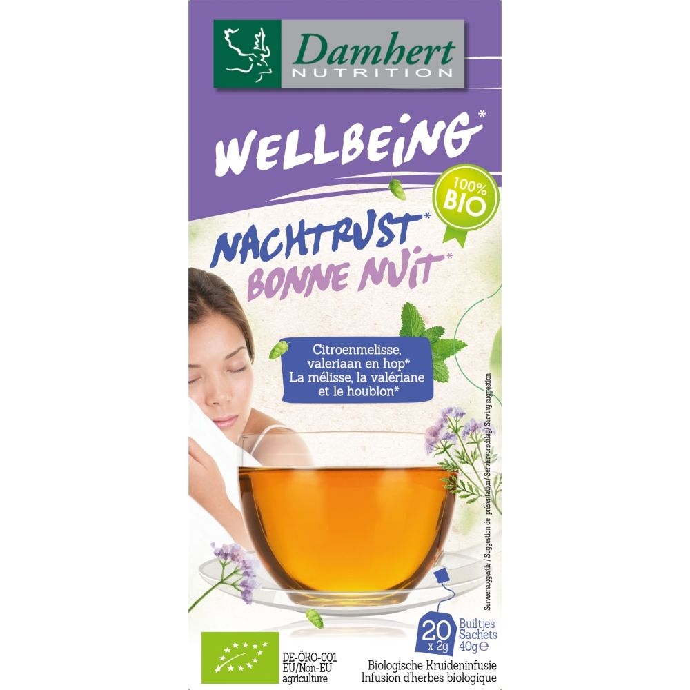 Damhert Wellbeing Bonne Nuit: Tisane bio aux agrumes, valériane et houblon. 20 sachets.
