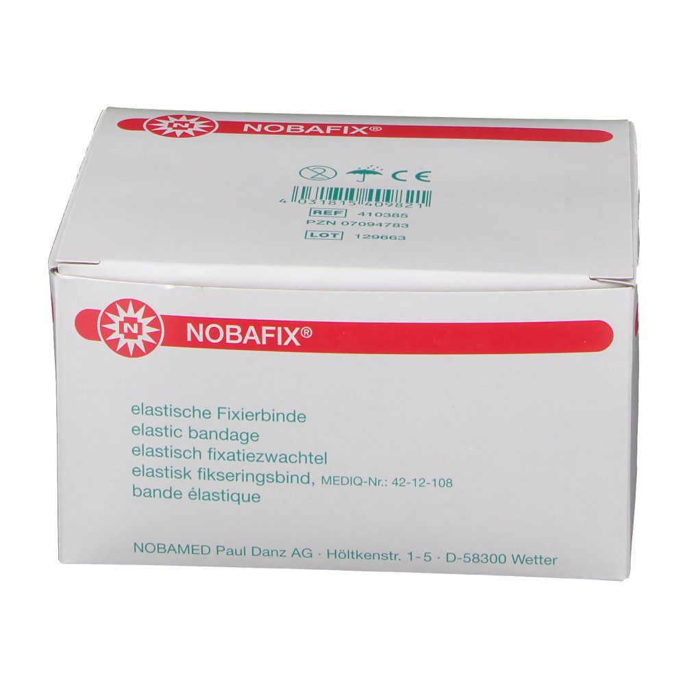 Boîte de Nobafix® bandage élastique. Inscriptions : Nobafix®, bandage élastique, marquage CE. Désignations du produit.
