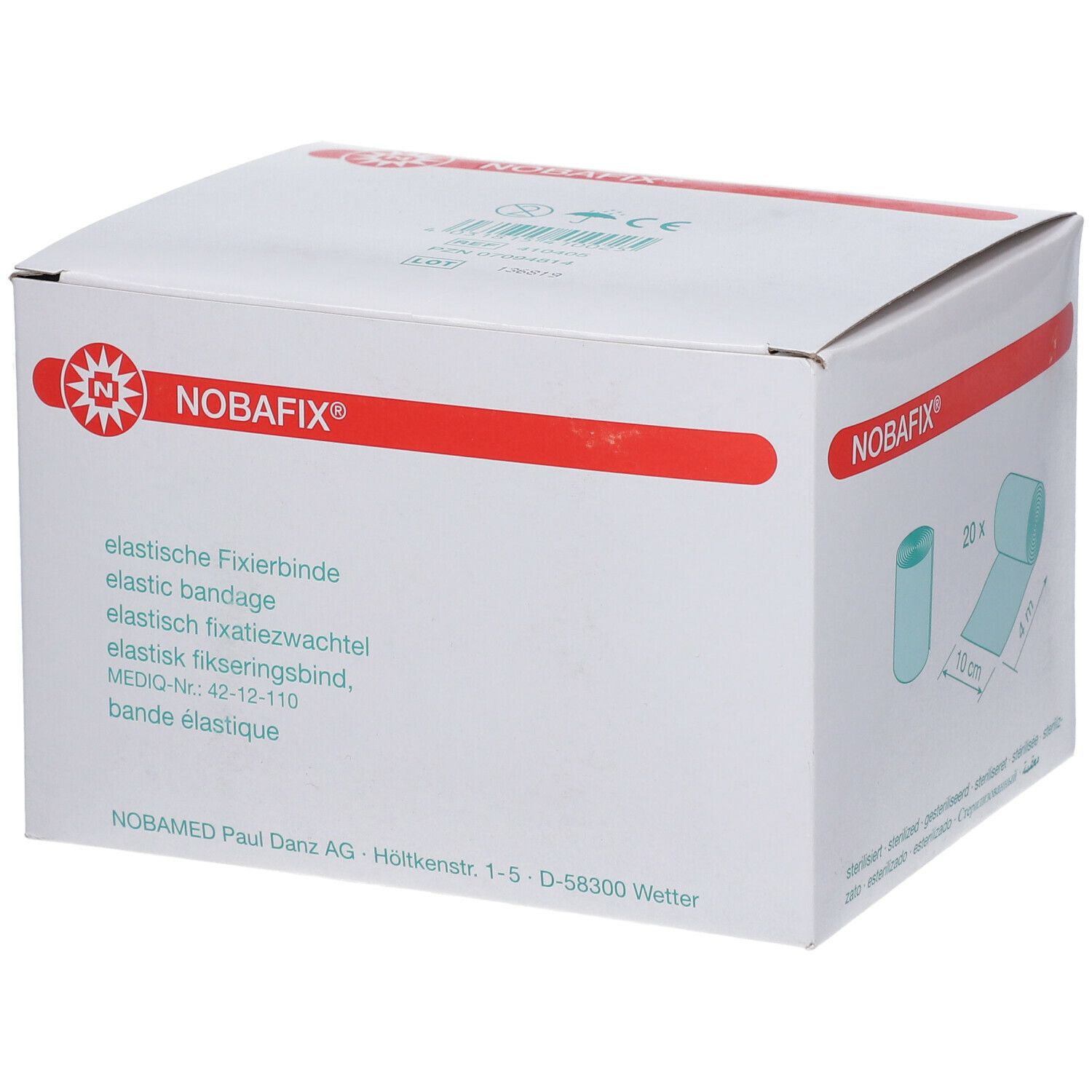 Boîte blanche avec ligne rouge et logo. Texte: bande élastique, bandage élastique, fixation élastique, fixation élastique, bande élastique.