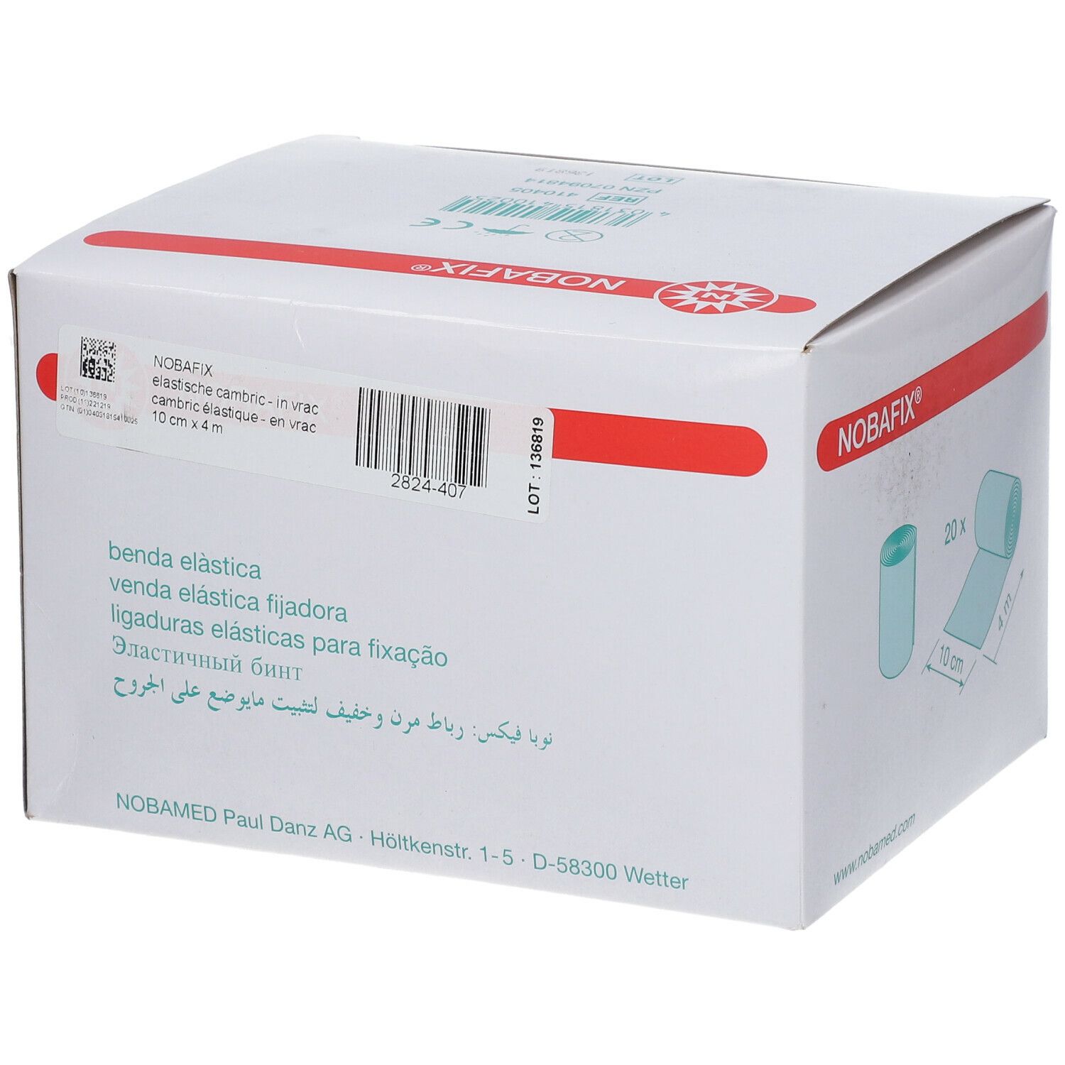 Boîte blanche avec ligne rouge et logo. Texte: Nobafix, bandage élastique, 10 cm x 4 m. Avec texte dans d'autres langues.