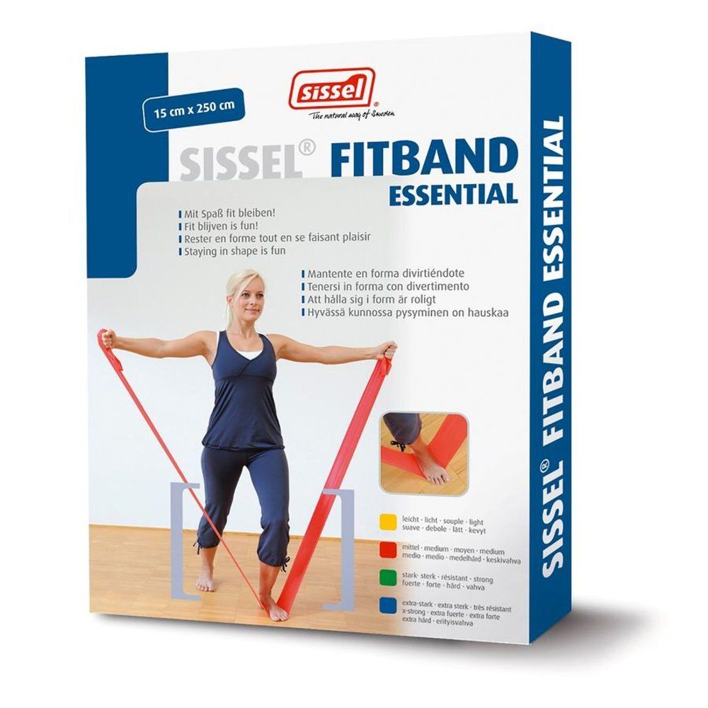Boîte Sissel Fitband Essential. Dimensions 15 cm x 250 cm. Femme utilisant le bandeau rouge. Inscriptions et logo. Fond bleu.