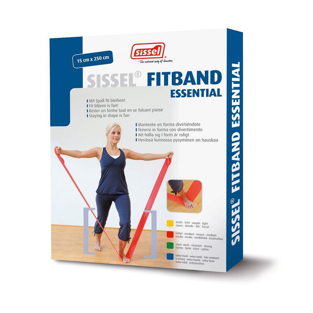 Emballage SISSEL FITBAND ESSENTIAL. Inscriptions : nom du produit, dimensions, femme avec bande. Couleurs : jaune, rouge, vert, bleu.