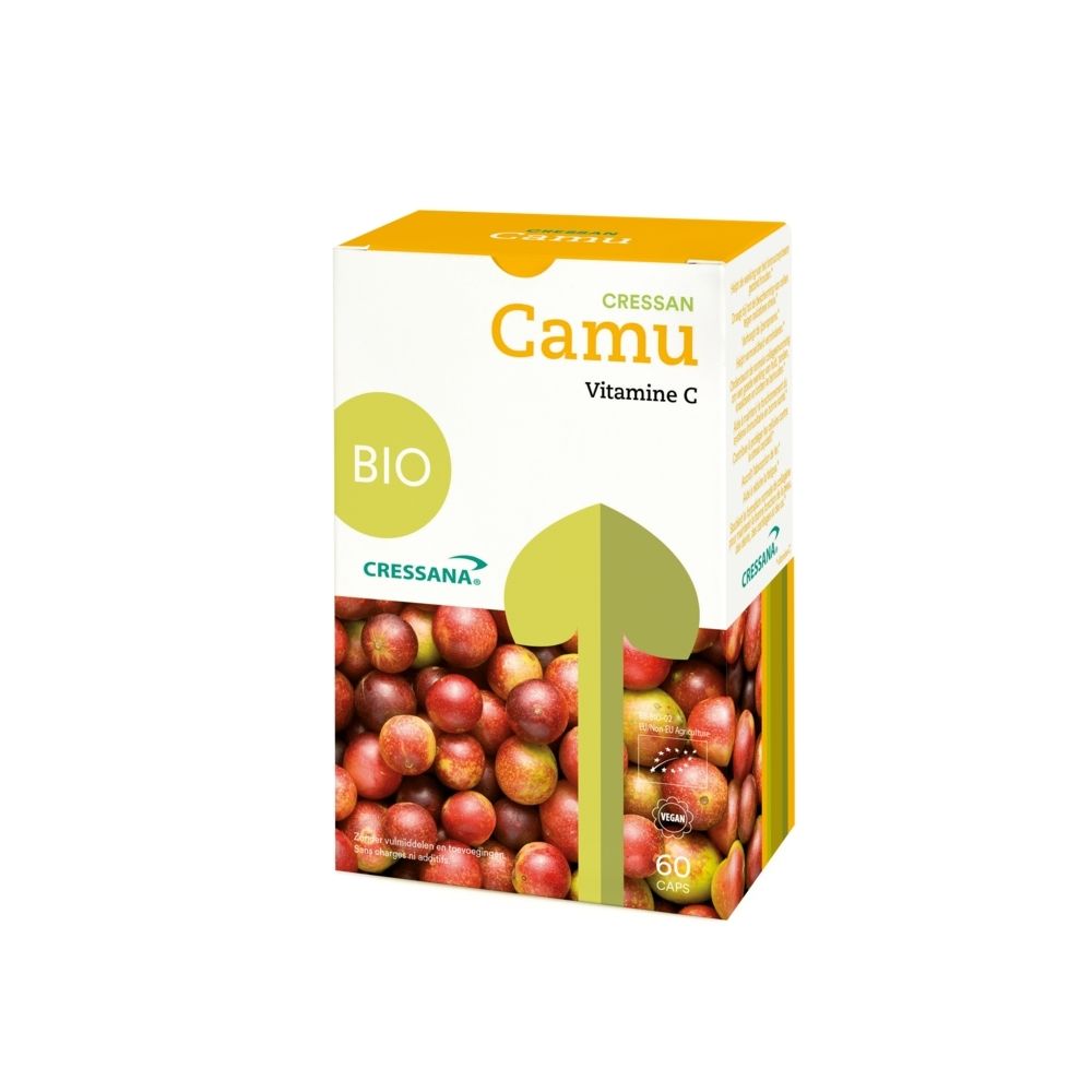 Face avant de la boîte CressanCamu Vitamine C avec label BIO et fruits de camu camu.