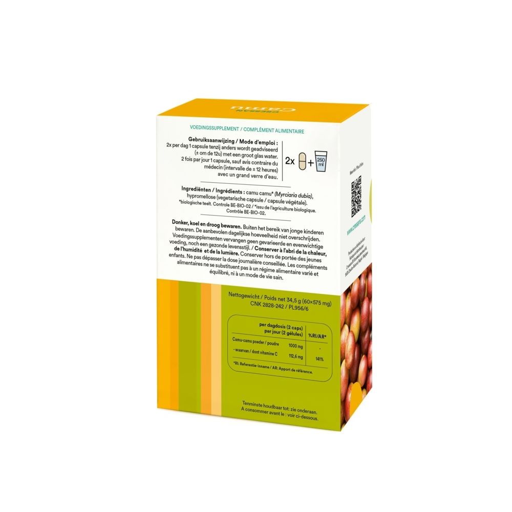 Arrière de la boîte CressanCamu Vitamine C avec QR-code et informations fabricant.