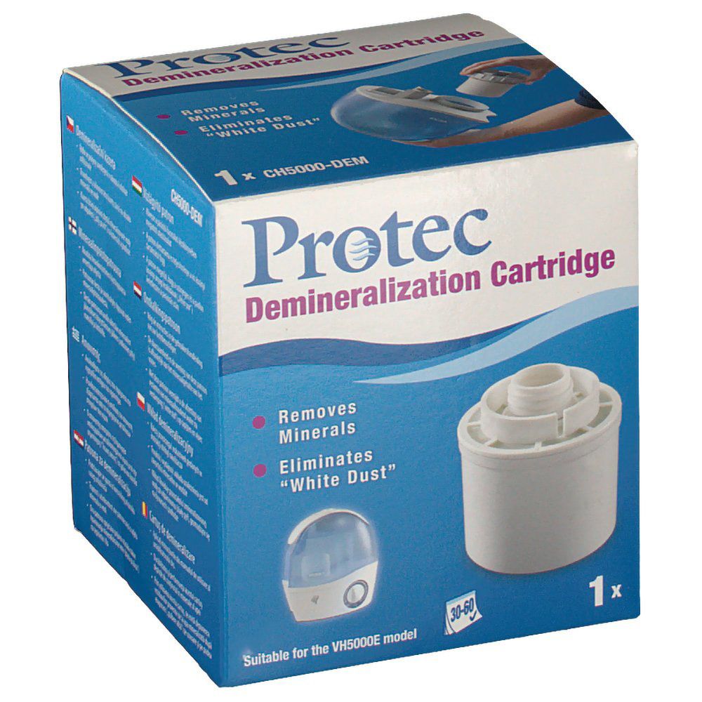 Boîte bleue avec filtre blanc. Inscription : Protec Demineralization Cartridge. Élimine les minéraux et la "poussière blanche". Convient au VH5000E.