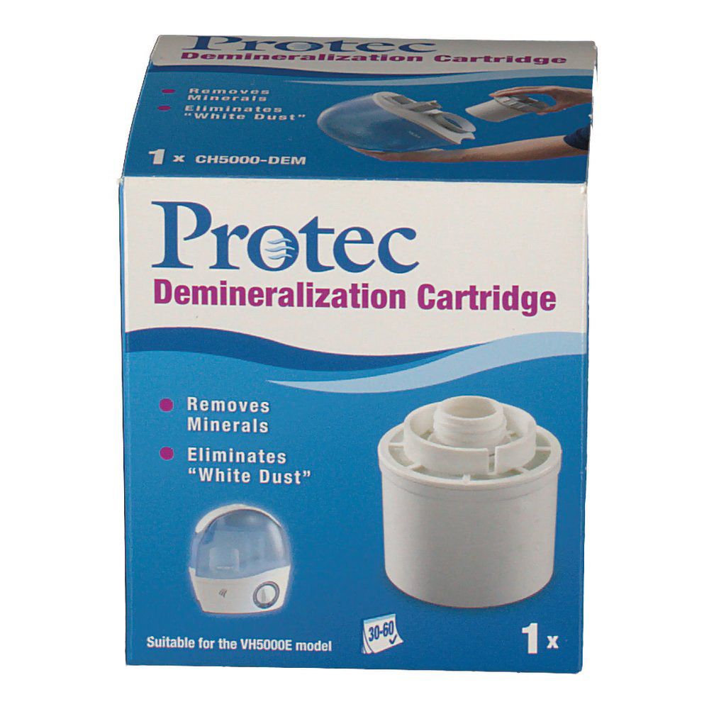 Boîte bleue avec filtre blanc. Inscription : Protec Demineralization Cartridge. Élimine les minéraux et la "poussière blanche". Convient au VH5000E.