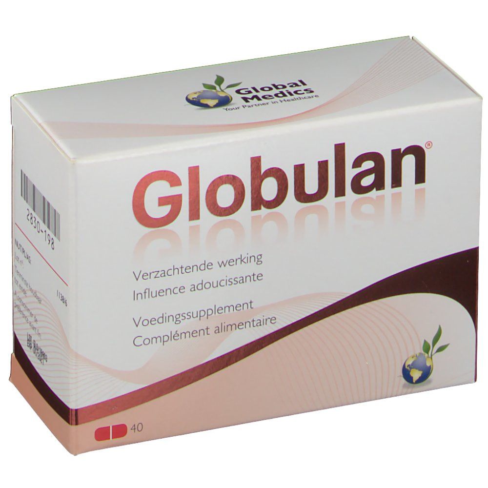 Boîte de Globulan. Carton blanc avec texte rouge. Contient 40 gélules. Logo Global Medics.