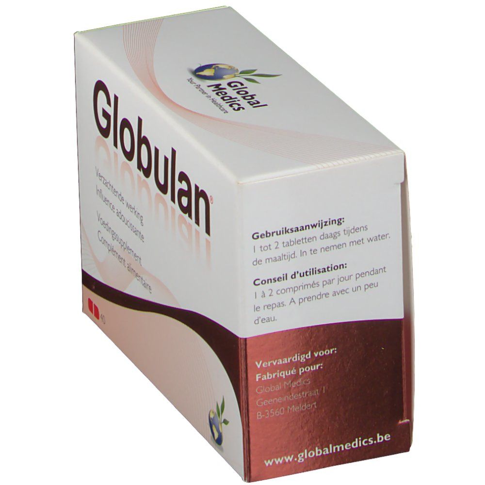 Boîte de Globulan. Carton blanc avec texte rouge. Instructions en néerlandais et français.