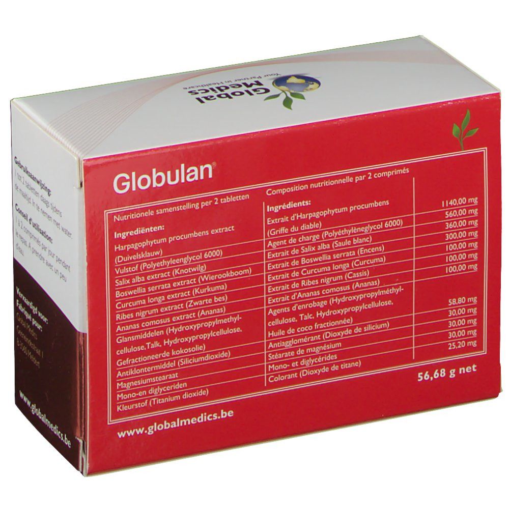 Boîte de Globulan. Dos rouge avec informations nutritionnelles. Composition et ingrédients.