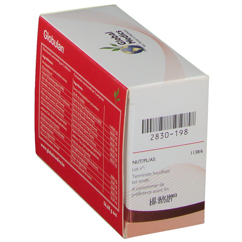Boîte de Globulan. Côté rouge avec informations. Numéro de lot et date de péremption.