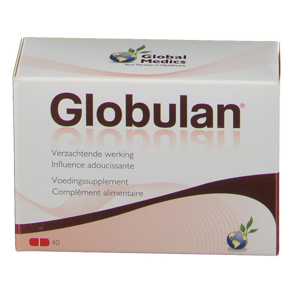 Boîte de Globulan. Carton blanc avec texte rouge. Contient 40 gélules. Logo Global Medics.