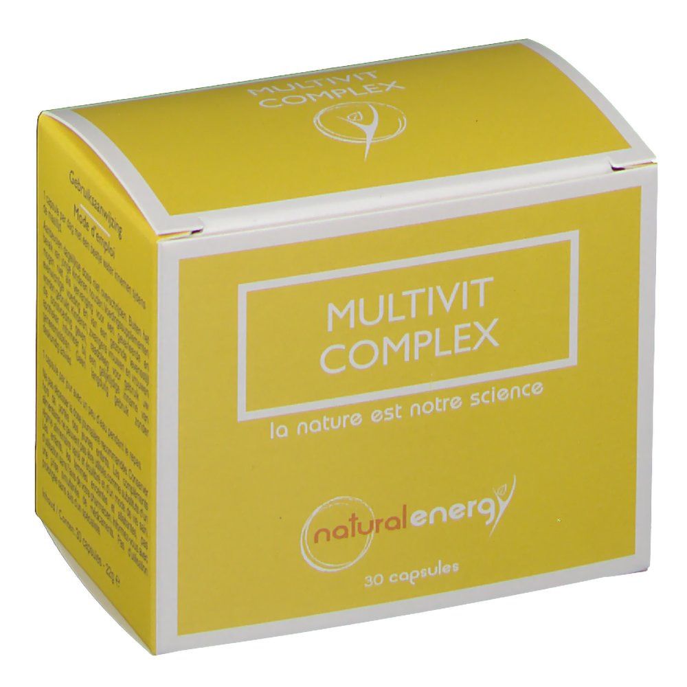 Boîte jaune avec cadre blanc et inscription MULTIVIT COMPLEX. Logo Natural Energy. Contient 30 capsules.
