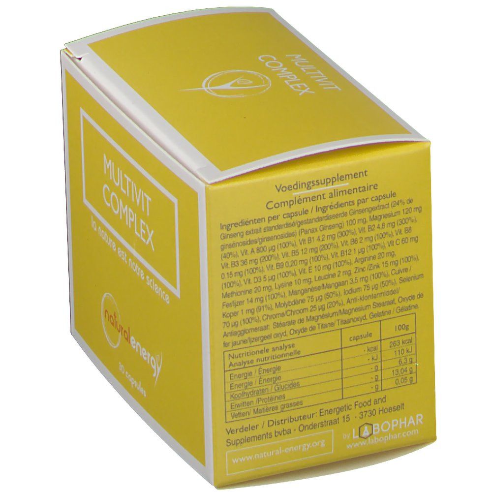 Boîte jaune avec cadre blanc et inscription MULTIVIT COMPLEX. Contient informations nutritionnelles et ingrédients.