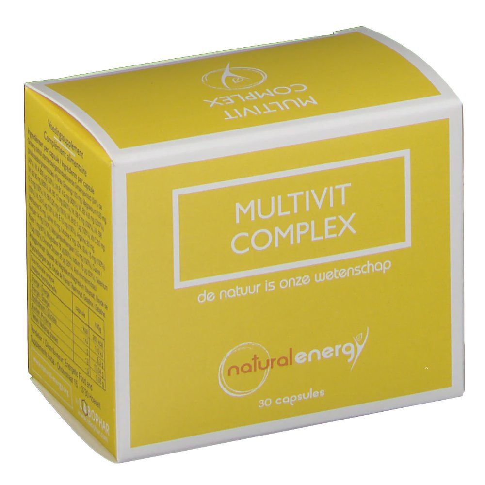 Boîte jaune avec cadre blanc et inscription MULTIVIT COMPLEX. Logo Natural Energy. Contient 30 capsules.