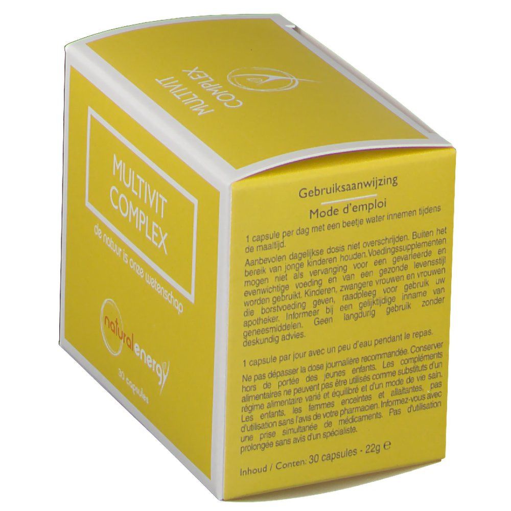 Boîte jaune avec cadre blanc et inscription MULTIVIT COMPLEX. Contient mode d'emploi.
