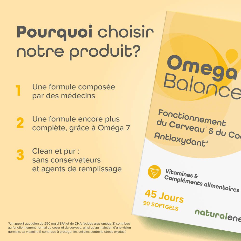 Boîte de compléments alimentaires Omega 3+7 Balance. Contient 90 gélules pour 45 jours. Contient vitamines et compléments.