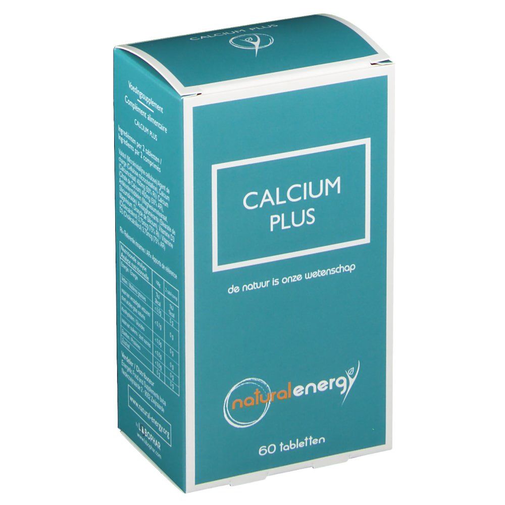 Boîte avec texte "CALCIUM PLUS". Logo "natural energy". 60 comprimés. Texte: "de natuur is onze wetenschap".