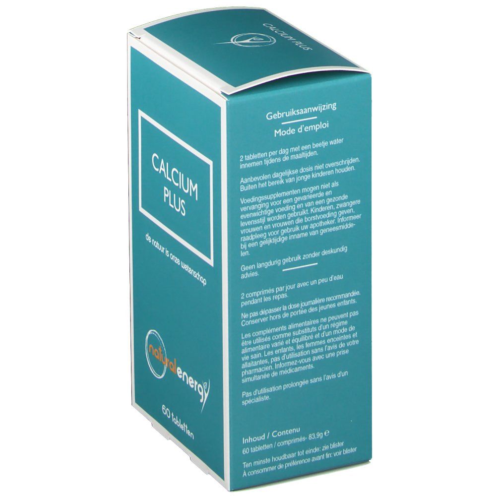 Côté de la boîte avec mode d'emploi. Texte: "CALCIUM PLUS". Logo "natural energy". Texte en néerlandais et français.
