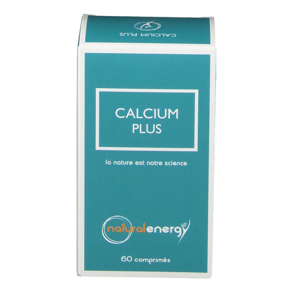 Boîte turquoise et blanche avec texte "CALCIUM PLUS". Logo "natural energy". 60 comprimés. Texte: "la nature est notre science".