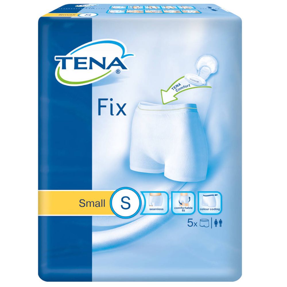 Paquet de TENA Fix Fixierhosen S. Emballage bleu avec image du produit et logo. Contient 5 pièces. Indication de taille S.