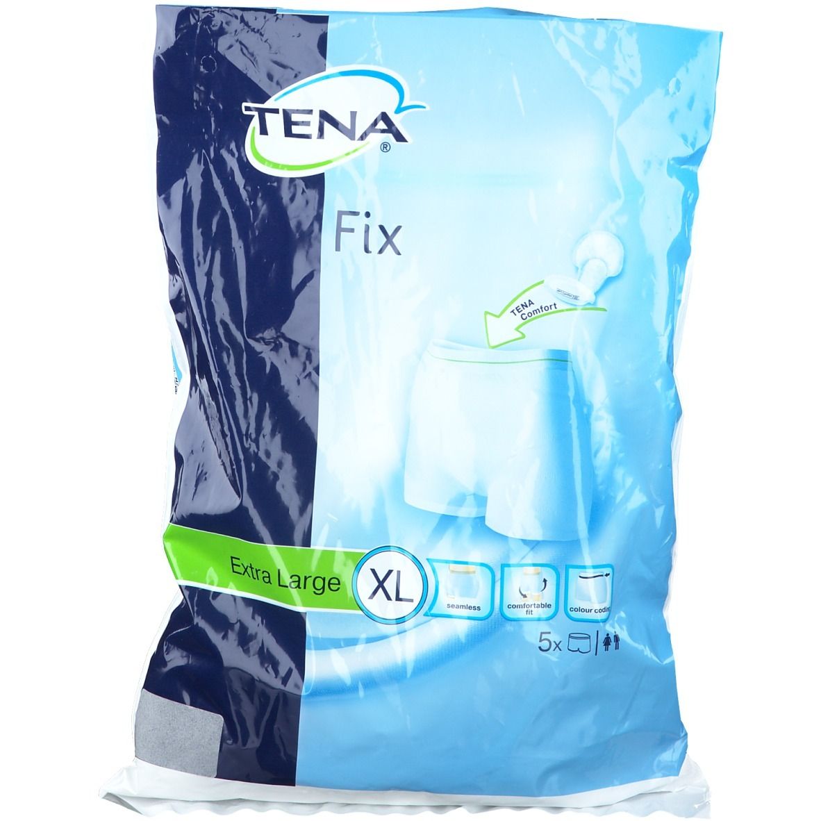 Emballage de TENA Fix Fixierhosen XL. Emballage bleu avec image du produit. Inscription : Extra Large, XL, 5 pièces.