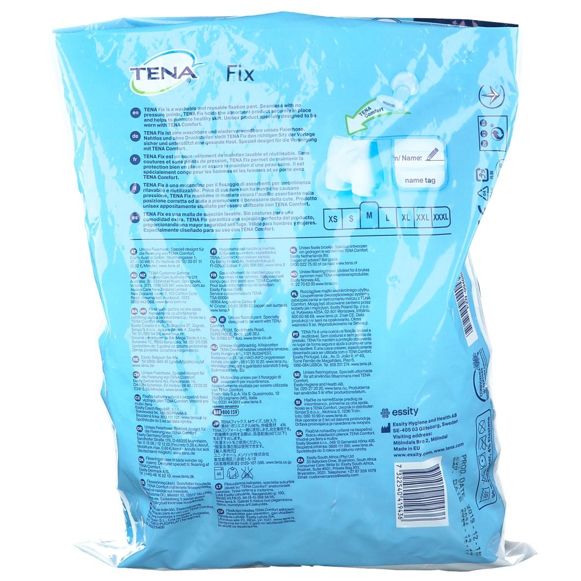 Emballage transparent bleu TENA Fix. Tailles XS, S, M, L, XL, XXL. Texte multilingue. Logo Essity.