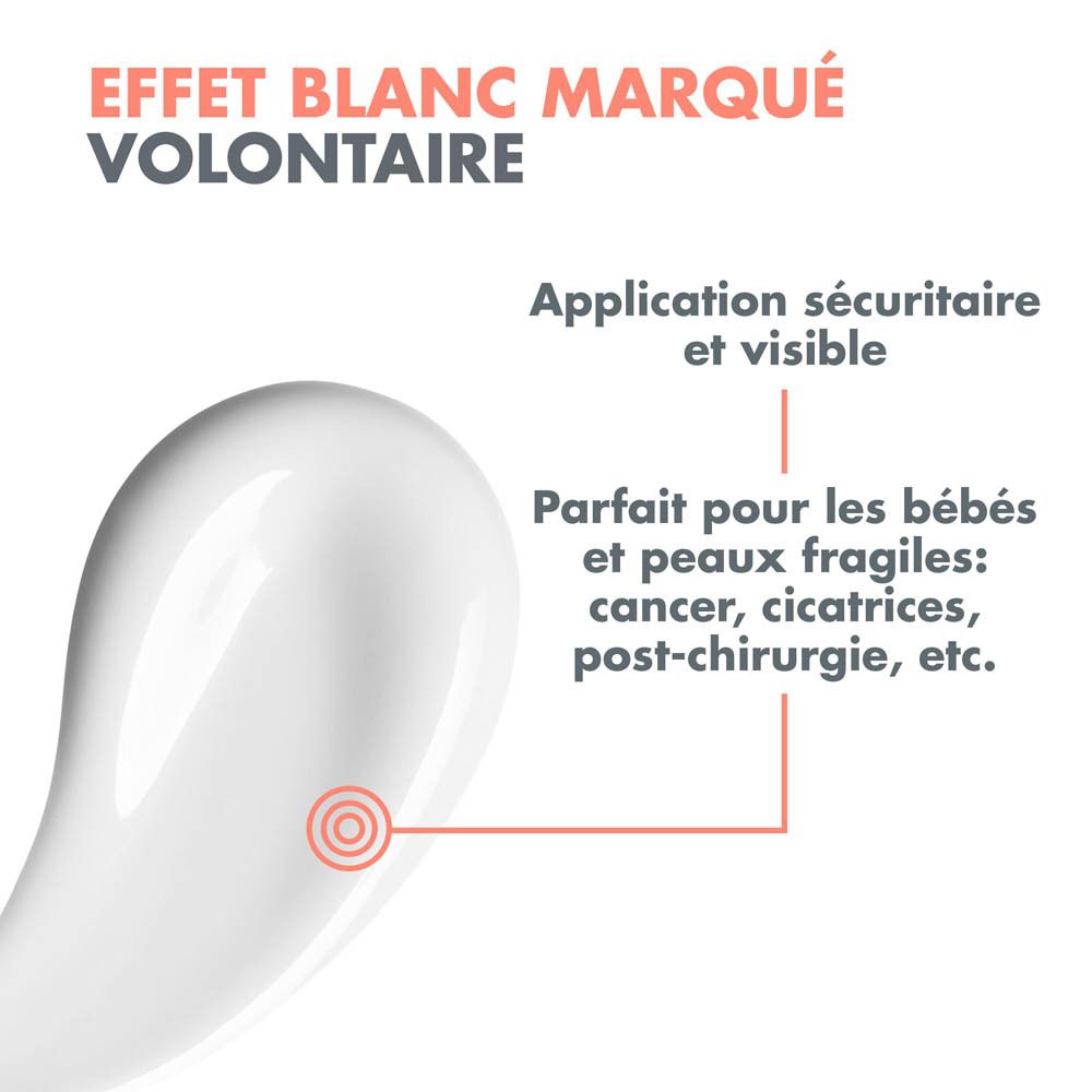 Graphique avec texte. Tube de lait solaire. Texte: Effet blanc marqué, résistant à l'eau, sans parfum.