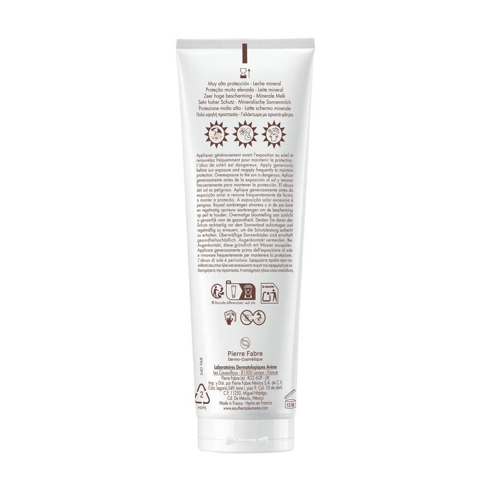 Dos du tube de lait solaire. Texte multilingue. Informations sur l'utilisation et les ingrédients.