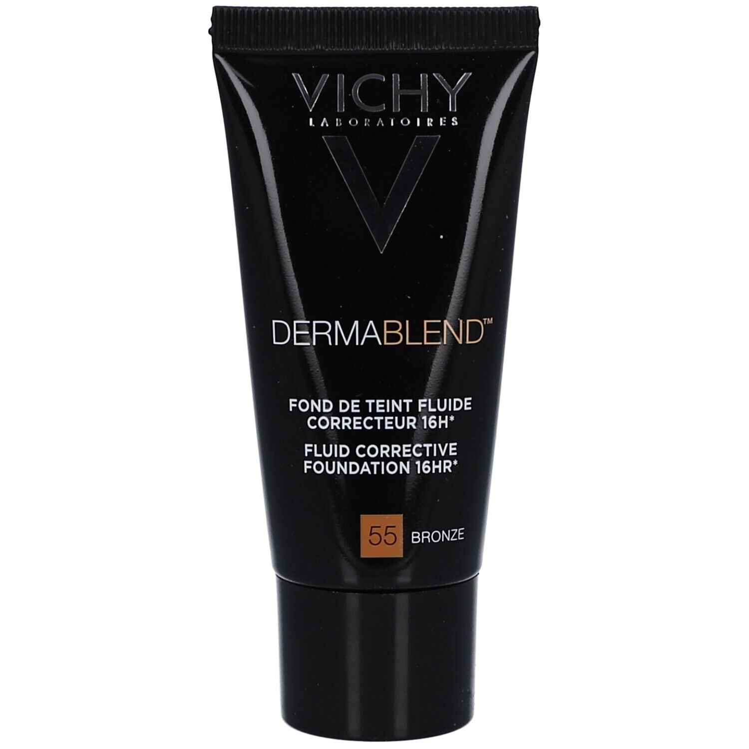 Vichy Dermablend Make Up Nr. 55 Bronze. Tube noir avec informations produit.