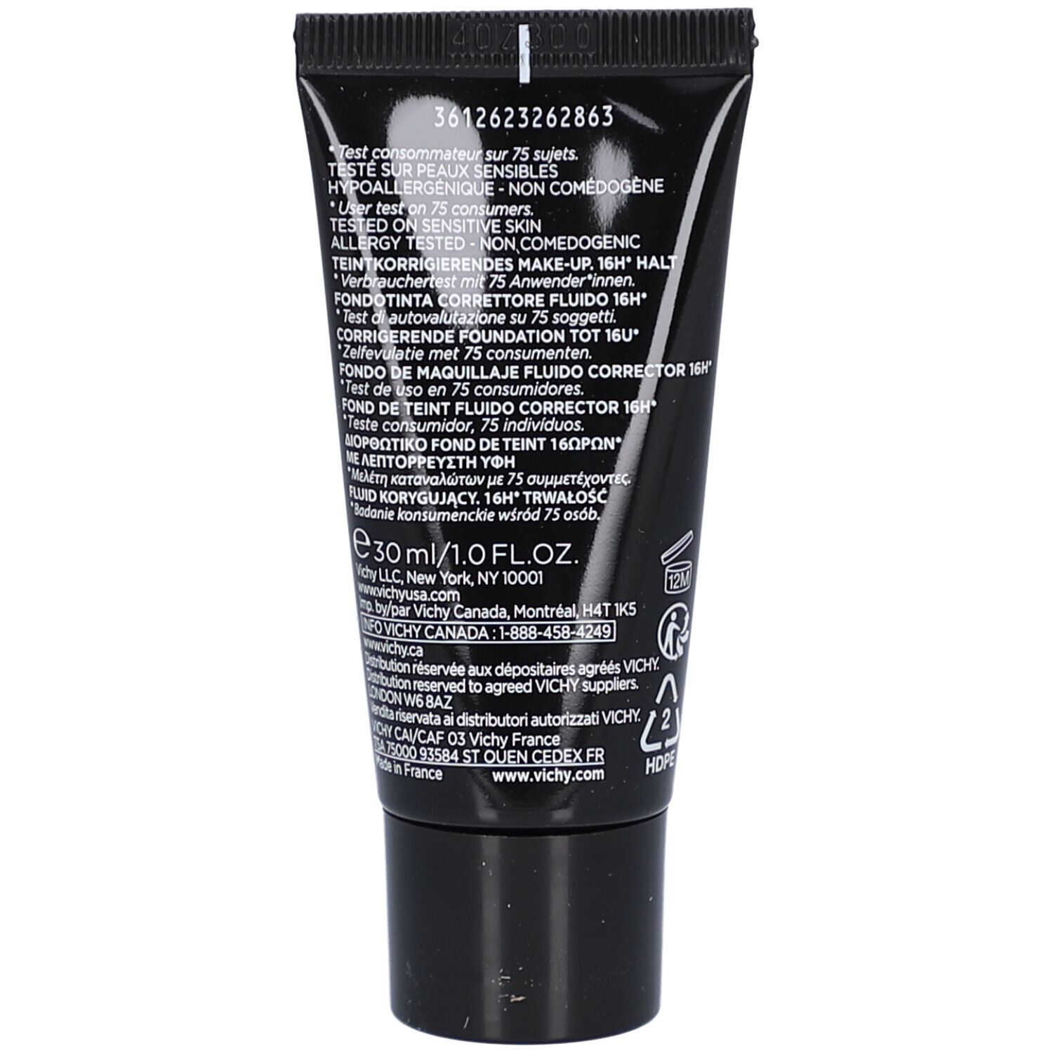 Dos du tube. Informations produit et ingrédients. Marque et nom visibles.