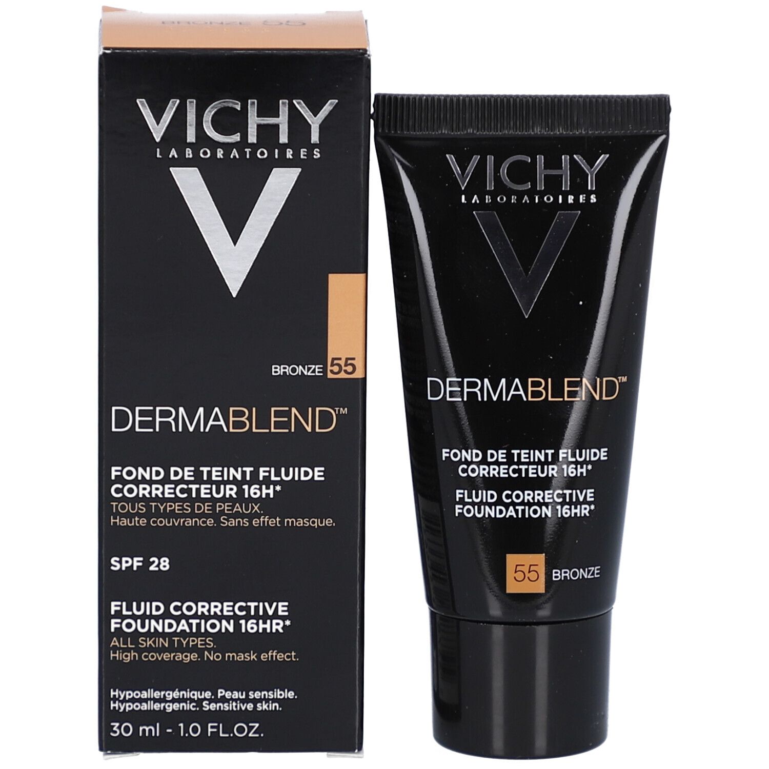 Vichy Dermablend Make Up Nr. 55 Bronze. Tube et emballage. Marque et nom visibles.