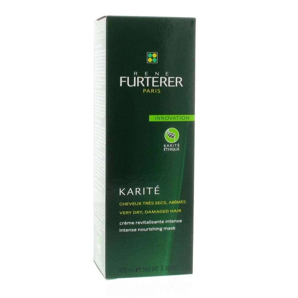 Emballage vert avec le nom KARITÉ et la marque RENE FURTERER PARIS. Texte pour cheveux très secs, abîmés. Crème revitalisante intense.