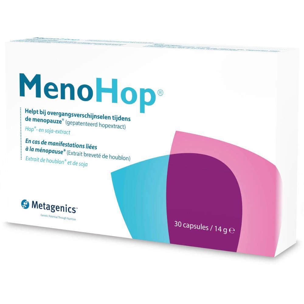 Boîte blanche avec logo "MenoHop" et informations produit. Contient 30 gélules. Marque : Metagenics.