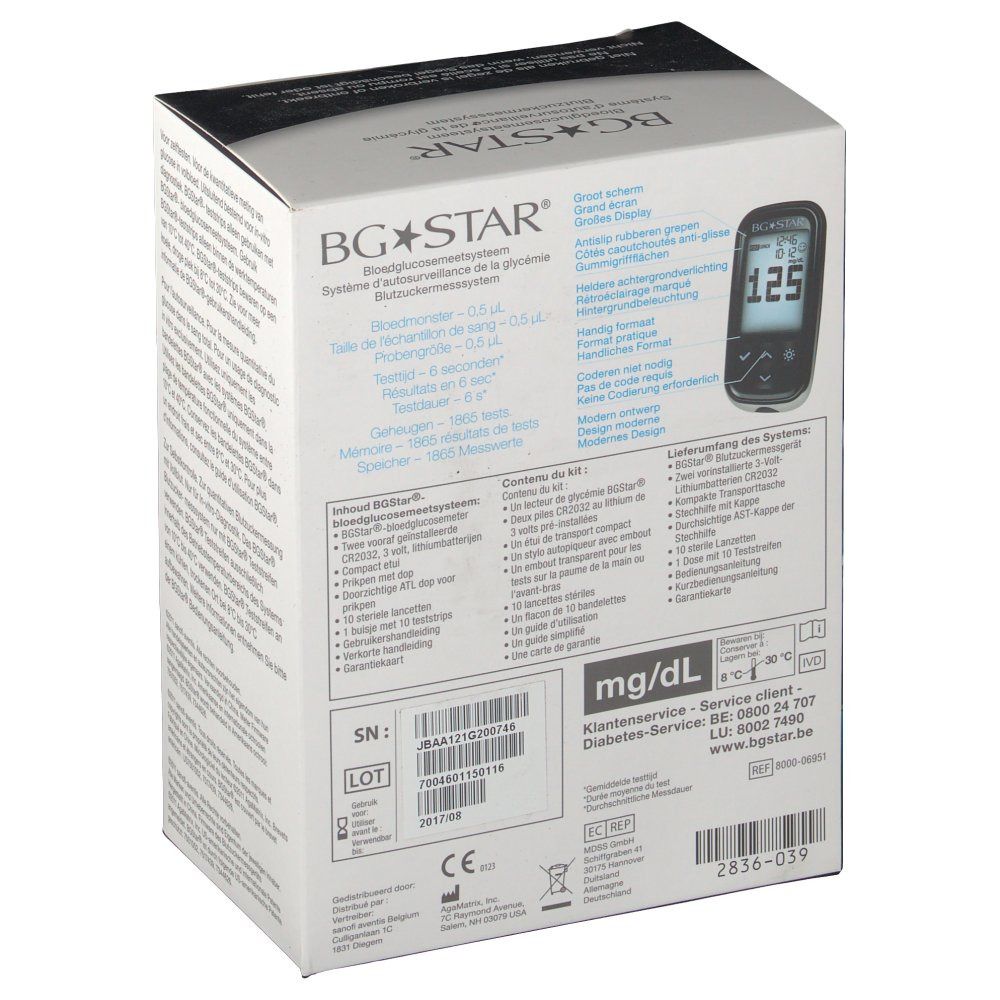 BGStar Kit Lecteur De Glycémie Sang mg/dL