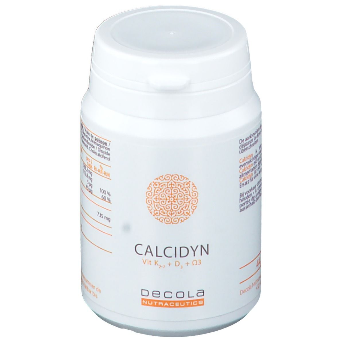 Boîte blanche avec couvercle. Inscription CALCIDYN, Vit K2, D3, D3. Marque Decola Nutraceutics. Motif orange.