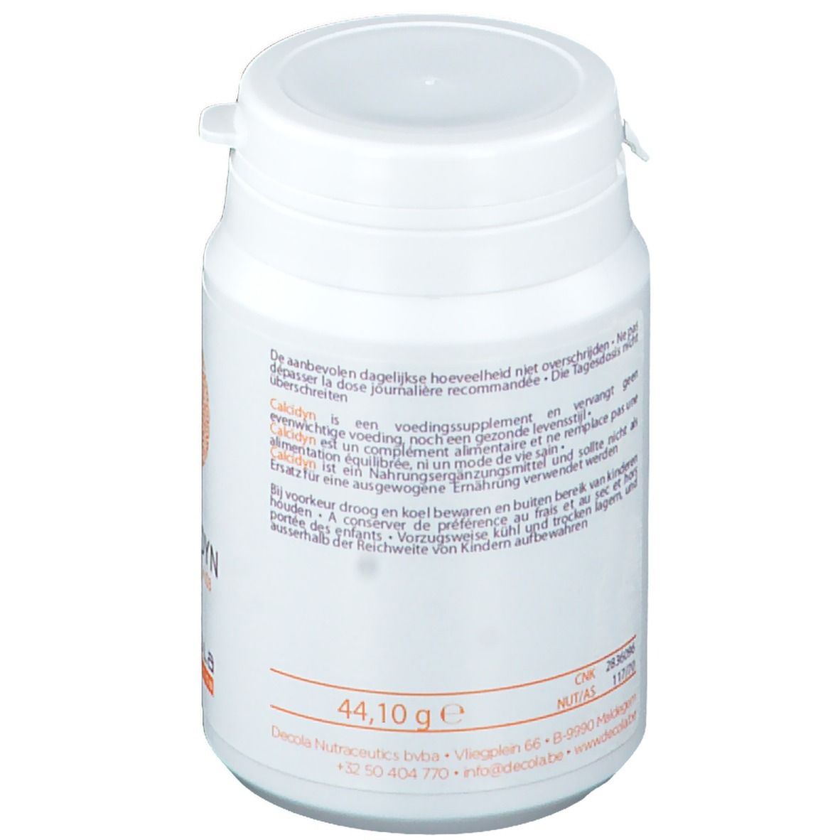 Boîte blanche avec couvercle. Dos avec texte. Inscription 44,10 g. Informations fabricant. Avertissements.