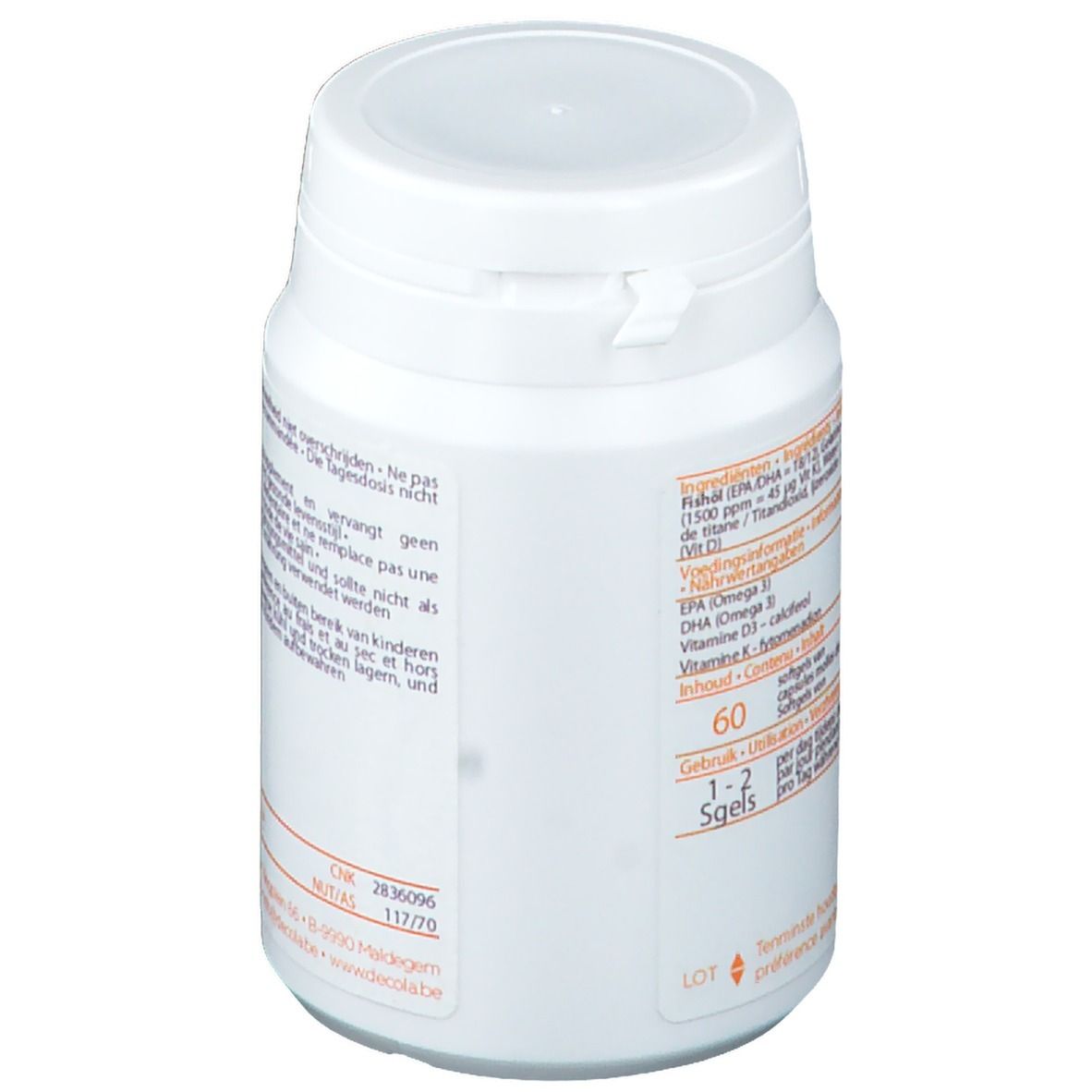 Boîte blanche avec couvercle. Dos avec texte. Inscription 60 sgels. Recommandation de dosage. Liste des ingrédients.