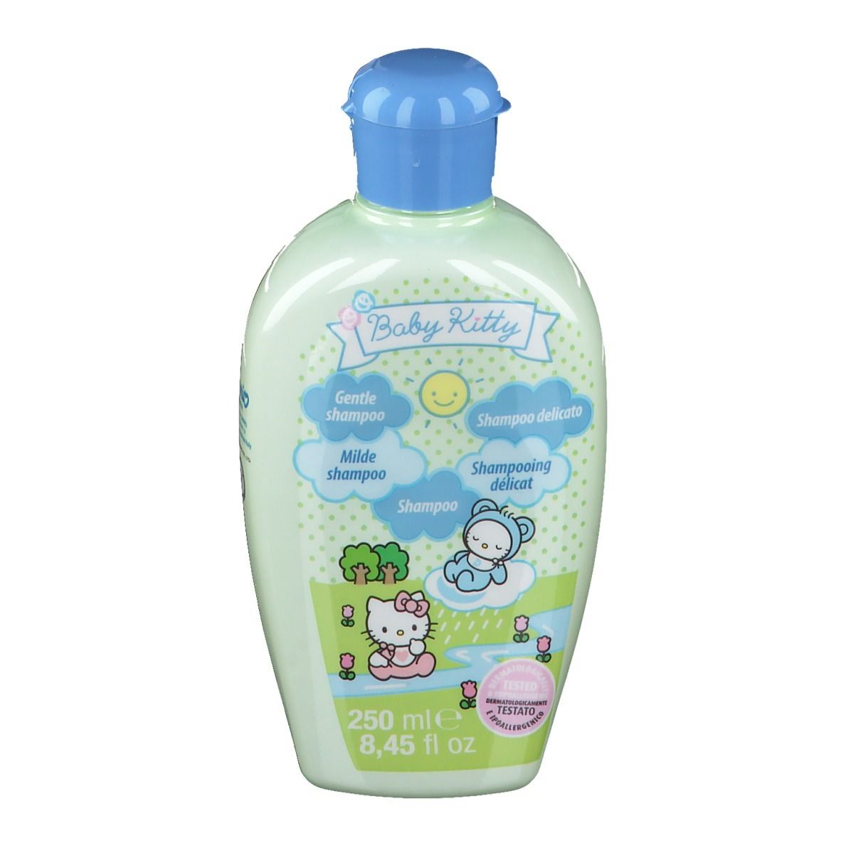Flacon de shampooing Baby Kitty vert clair avec bouchon bleu. Étiquette avec Hello Kitty et texte : Gentle Shampoo, Milde Shampoo.