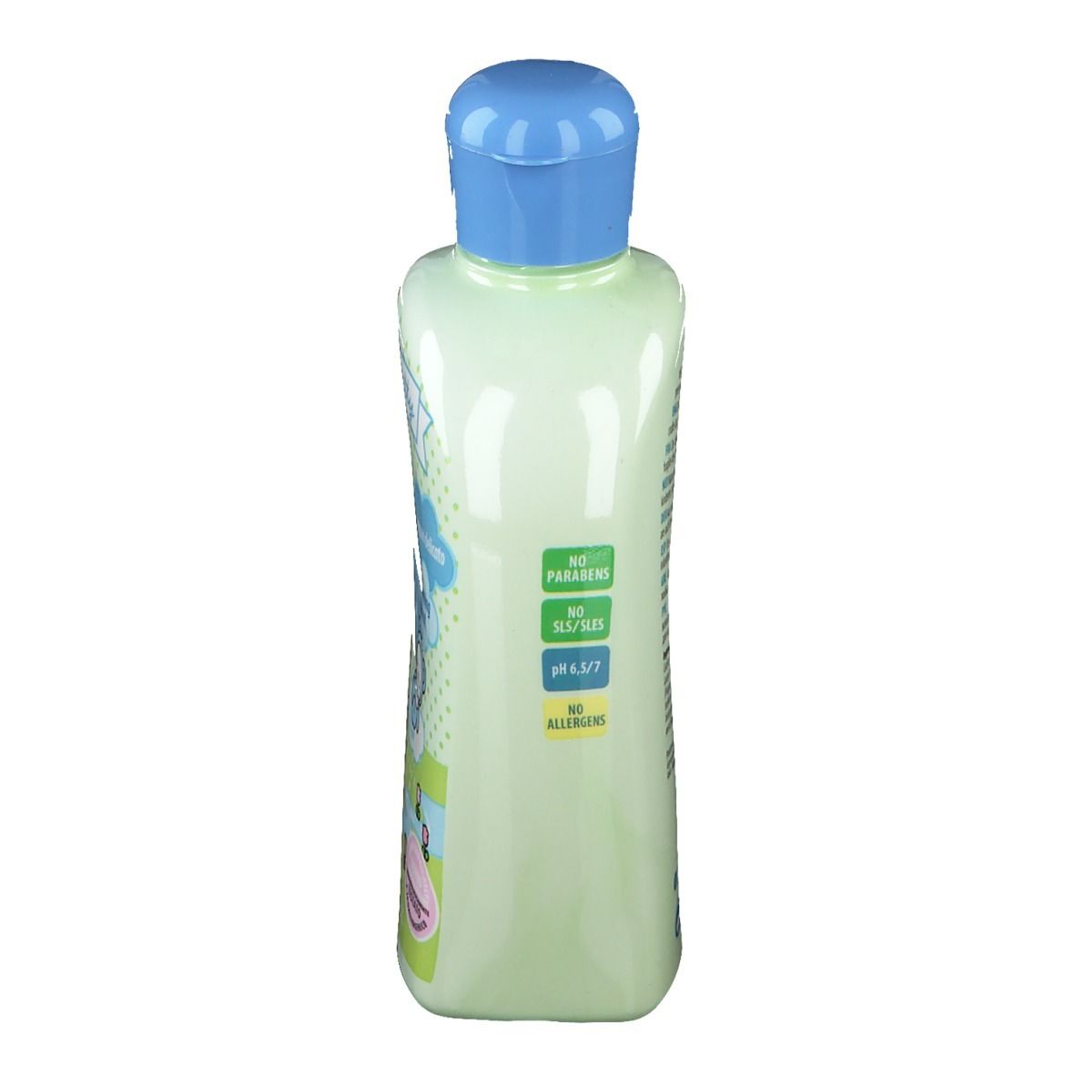 Dos d'un flacon de shampooing Baby Kitty vert clair avec bouchon bleu. Texte : No Parabens, No Sulfates, pH 6.5/7, No Allergens.