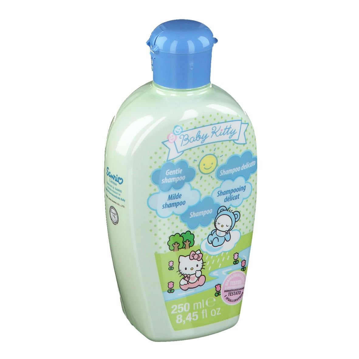 Flacon de shampooing Baby Kitty vert clair avec bouchon bleu. Étiquette avec Hello Kitty et texte : Gentle Shampoo, Milde Shampoo, 250 ml.